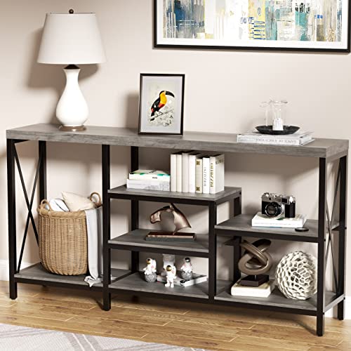 LGHM Industrial Console Tables, Entryway Table, 55 Inch Sofa Tables Narrow Long, Hallway Table/Bookshelf with Storage Shelves, for Entryway, Living Room, Couch, Grey Wash