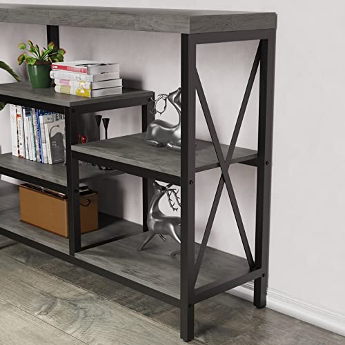 LGHM Industrial Console Tables, Entryway Table, 55 Inch Sofa Tables Narrow Long, Hallway Table/Bookshelf with Storage Shelves, for Entryway, Living Room, Couch, Grey Wash