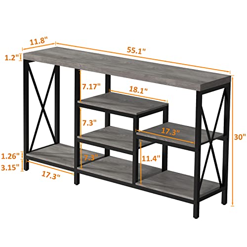 LGHM Industrial Console Tables, Entryway Table, 55 Inch Sofa Tables Narrow Long, Hallway Table/Bookshelf with Storage Shelves, for Entryway, Living Room, Couch, Grey Wash