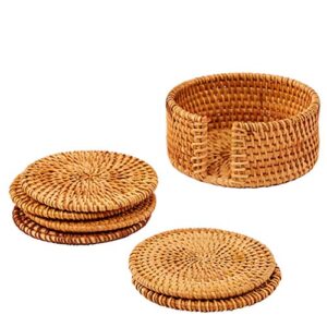 artera handmade natural rattan coasters – round straw woven trivet for teacup, wicker heat resistant plate pad for hot pots and pans, non-slip 6 piece coaster set with holder
