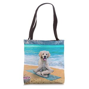 golden retriever dog dogs, yoga beach, funny cute tote bag