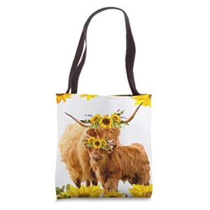 cute sunflower mom and baby scottish highland cow pattern tote bag