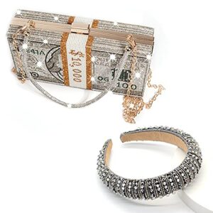 2 Pieces Set Rhinestone US Dollar Money Purse Party Evening Handbags Wedding Dinner Bag, Stack of Cash Clutch Purses,with Crystal Headbands (Grey)