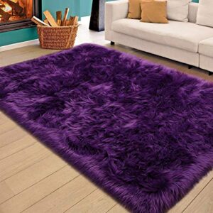 HOMORE Soft Fluffy Faux Fur Area Rug for Bedroom Living Room, Extra Comfy and Fuzzy Rugs, Washable Plush Carpet for Bed Home Decor, 3x5 Feet Purple
