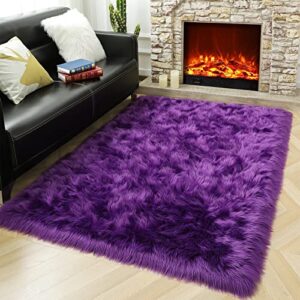 HOMORE Soft Fluffy Faux Fur Area Rug for Bedroom Living Room, Extra Comfy and Fuzzy Rugs, Washable Plush Carpet for Bed Home Decor, 3x5 Feet Purple