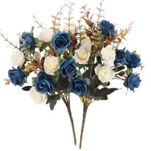moomass artificial flowers,2 packs of artificial roses.24 little rose silk flowers. plastic flowers,plants for home hotel wedding christmas tables decorations.cemetery flowers dark blue