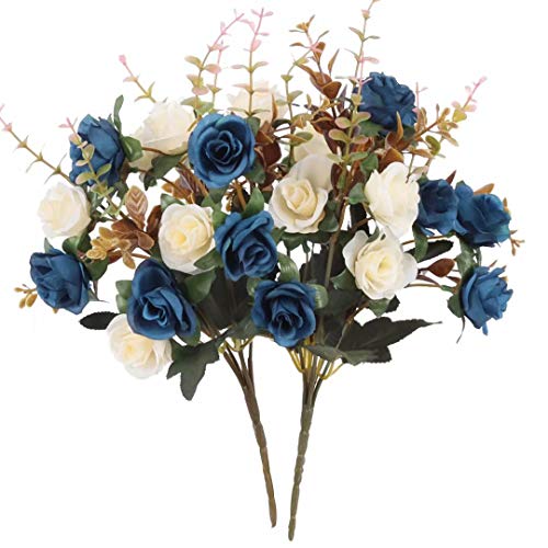 Moomass Artificial Flowers,2 Packs of Artificial Roses.24 Little Rose Silk Flowers. Plastic Flowers,Plants for Home Hotel Wedding Christmas Tables Decorations.Cemetery Flowers Dark Blue