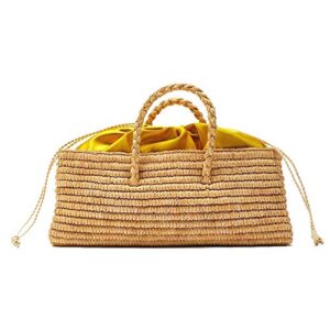 qtkj fashion women summer straw bag with drawstring, hand-woven beach handbag top straw handle boho tote bag shopping and travel large bag