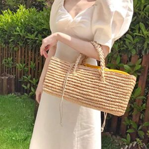 QTKJ Fashion Women Summer Straw Bag with Drawstring, Hand-woven Beach Handbag Top Straw Handle Boho Tote Bag Shopping and Travel Large Bag