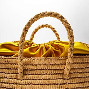QTKJ Fashion Women Summer Straw Bag with Drawstring, Hand-woven Beach Handbag Top Straw Handle Boho Tote Bag Shopping and Travel Large Bag