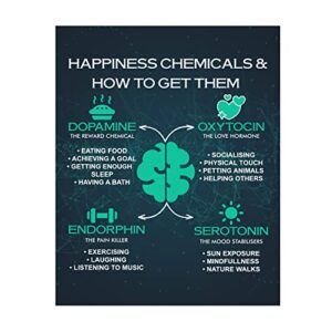 “happiness chemicals & how to get them”-counseling wall sign -11 x 14″ motivational typographic wall art print-ready to frame. rustic home-office-school-counselor-dorm decor. great positive advice!