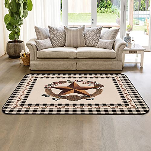 Non-Slip Area Rugs with Rubber Backing Throw Rugs Runner Farmhouse Country Star and Primitive Berries On Retro Black Plaid Non-slip Soft Cozy Carpets for Floor, Entryway, Nursery48x72 Inch