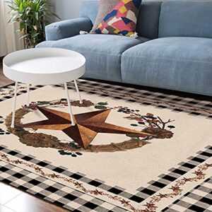 Non-Slip Area Rugs with Rubber Backing Throw Rugs Runner Farmhouse Country Star and Primitive Berries On Retro Black Plaid Non-slip Soft Cozy Carpets for Floor, Entryway, Nursery48x72 Inch