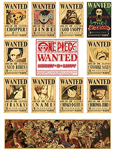 One Piece Wanted Posters Set of 10 Pieces(40cm x 28.5cm) +1 Piece Family Portraits(101cm x 27cm) for Bedroom