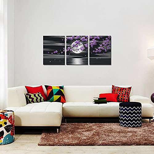 HOMEOART 3 Pieces Purple Plum Flower Tree Painting Bathroom Decor Wall Art Framed Ready to Hang 12"x16"x3pcs (Purple)