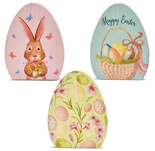 Wooden Easter Egg Table Decorations 3 Pack Decorative Spring Eggs Bunny Rabbit Flowers Design Tabletop Party Centerpiece Signs Rustic Wood Holiday Shelf Topper for Home Kitchen Office Mantle Decor