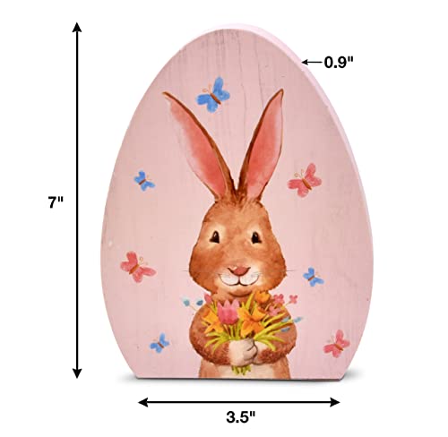 Wooden Easter Egg Table Decorations 3 Pack Decorative Spring Eggs Bunny Rabbit Flowers Design Tabletop Party Centerpiece Signs Rustic Wood Holiday Shelf Topper for Home Kitchen Office Mantle Decor