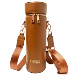 Crawe Full Grain Leather Insulated Water Bottle Crossbody Bag, 17 oz Water Bottle Holder with Strap for Walking, Bottle Carrier, Bottle Sling, Single Wine Bottle Tote, Brown Pebbled Leather, Gift Box