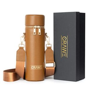 Crawe Full Grain Leather Insulated Water Bottle Crossbody Bag, 17 oz Water Bottle Holder with Strap for Walking, Bottle Carrier, Bottle Sling, Single Wine Bottle Tote, Brown Pebbled Leather, Gift Box