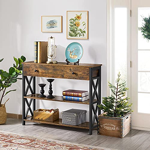 Yaheetech Industrial Console Table with Drawer, Sofa Table Narrow Console Table for Entryway/Living Room, Entry Hallway Table with 2 Tier Open Storage, Rustic Brown