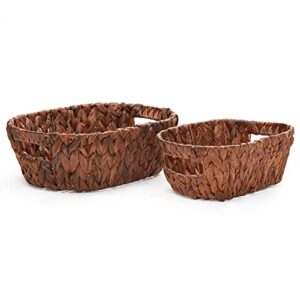 americanflat water hyacinth storage baskets with handle – handwoven and decorative for organizing at home – set of 2 – 1 large and 1 small oval wicker basket (walnut color)
