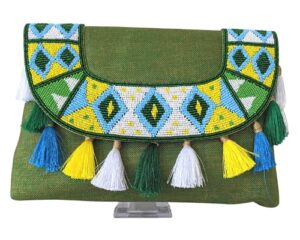 women boho envelope purse, evening bag, shoulder bag, cross-body bag with handmade beaded pattern & detachable shoulder chain (green)