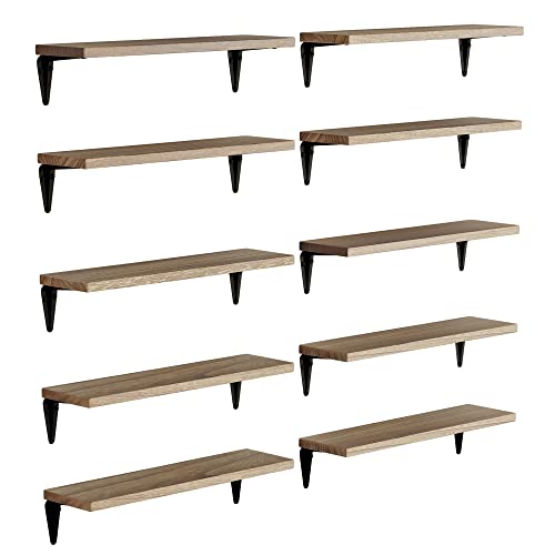 Wallniture Arras Wood Floating Shelves for Wall Storage, 17"x4.5" Small Bookshelf Set of 10, Hanging Book Shelves for Living Room, Bedroom, Office, Burned Finish Display Shelves