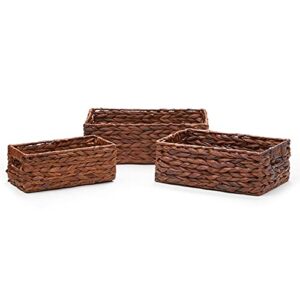 americanflat water hyacinth storage baskets with handle – set of 3 different sizes – handwoven and decorative for organizing at home – rectangular wicker baskets (walnut color)