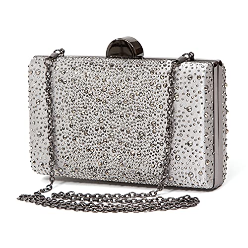 DRESSY CLUTCH BAG WITH STONES ON BOTH SIDES, MINDY BAG PEWTER