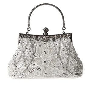 da bodan women’s evening bag vintage beaded sequin pearl clutch handbag shoulder bag purses for wedding bridal prom party (silver)
