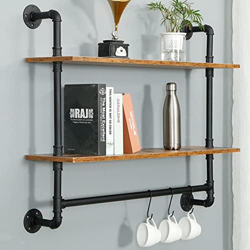 MAIKAILUN Industrial Pipe Shelving, Iron Pipe Shelves Bathroom Shelves with Towel bar, Rustic Metal Pipe Floating Shelves, Pipe Shelf Wall Mounted with Hooks for Coffee Bar Kitchen(24" 2 Tiers)