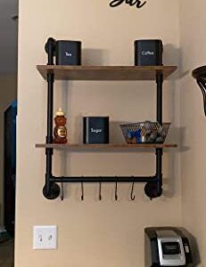 MAIKAILUN Industrial Pipe Shelving, Iron Pipe Shelves Bathroom Shelves with Towel bar, Rustic Metal Pipe Floating Shelves, Pipe Shelf Wall Mounted with Hooks for Coffee Bar Kitchen(24" 2 Tiers)