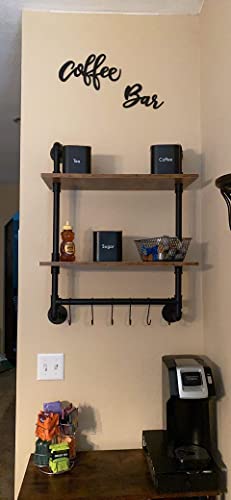 MAIKAILUN Industrial Pipe Shelving, Iron Pipe Shelves Bathroom Shelves with Towel bar, Rustic Metal Pipe Floating Shelves, Pipe Shelf Wall Mounted with Hooks for Coffee Bar Kitchen(24" 2 Tiers)