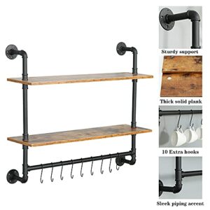 MAIKAILUN Industrial Pipe Shelving, Iron Pipe Shelves Bathroom Shelves with Towel bar, Rustic Metal Pipe Floating Shelves, Pipe Shelf Wall Mounted with Hooks for Coffee Bar Kitchen(24" 2 Tiers)