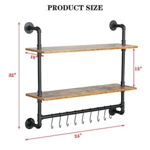 MAIKAILUN Industrial Pipe Shelving, Iron Pipe Shelves Bathroom Shelves with Towel bar, Rustic Metal Pipe Floating Shelves, Pipe Shelf Wall Mounted with Hooks for Coffee Bar Kitchen(24" 2 Tiers)