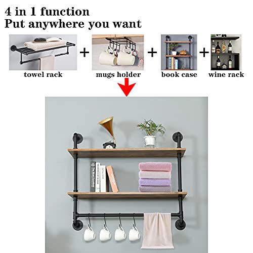 MAIKAILUN Industrial Pipe Shelving, Iron Pipe Shelves Bathroom Shelves with Towel bar, Rustic Metal Pipe Floating Shelves, Pipe Shelf Wall Mounted with Hooks for Coffee Bar Kitchen(24" 2 Tiers)