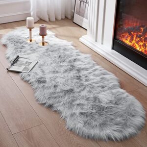 faux fur rug for bedroom, gray fluffy rug soft sheepskin runner rug sofa couch seat cushion, 2x6ft grey plush area rug shag rugs floor carpets for nursery bedside, cute shaggy fuzzy home decor