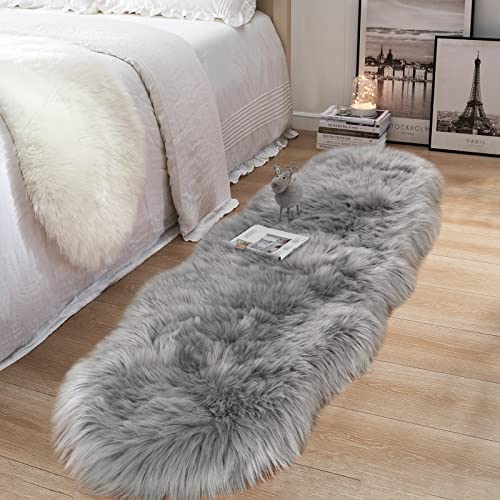 Faux Fur Rug for Bedroom, Gray Fluffy Rug Soft Sheepskin Runner Rug Sofa Couch Seat Cushion, 2x6ft Grey Plush Area Rug Shag Rugs Floor Carpets for Nursery Bedside, Cute Shaggy Fuzzy Home Decor