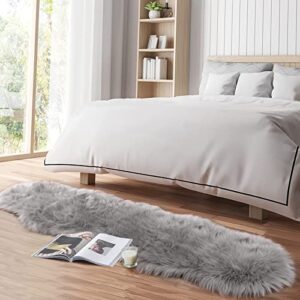 Faux Fur Rug for Bedroom, Gray Fluffy Rug Soft Sheepskin Runner Rug Sofa Couch Seat Cushion, 2x6ft Grey Plush Area Rug Shag Rugs Floor Carpets for Nursery Bedside, Cute Shaggy Fuzzy Home Decor