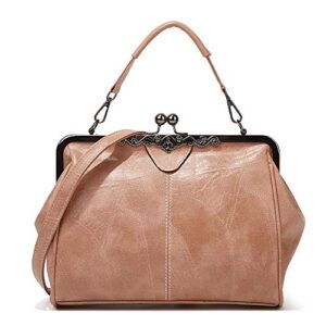 vintage kiss lock handbags for women oil leather evening clutch satchel purse tote (apricot)