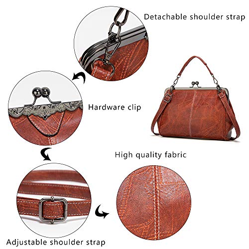 Vintage Kiss Lock Handbags for Women Oil Leather Evening Clutch Satchel Purse Tote (Apricot)