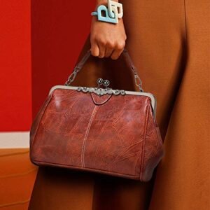 Vintage Kiss Lock Handbags for Women Oil Leather Evening Clutch Satchel Purse Tote (Apricot)