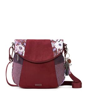 sakroots foldover crossbody bag in cotton canvas, cabernet in bloom