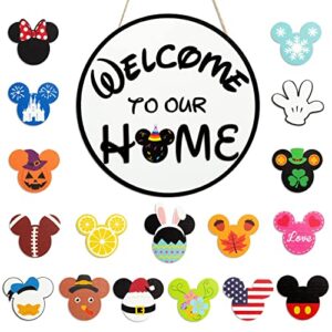 19pcs mouse seasonal interchangeable welcome door sign welcome to our home hanging signs wooden round decorative plaques set for autumn halloween thanksgiving christmas home porch decor