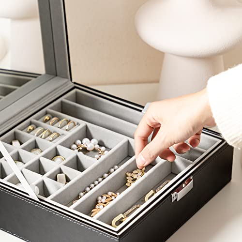 Oyydecor Jewelry Box for Women Girls' Gifts, 2 Layer Jewelry Organizer, PU Leather Display Jewelry Storage Case with Removable Tray and Mirror for Necklace Earrings Rings Bracelets