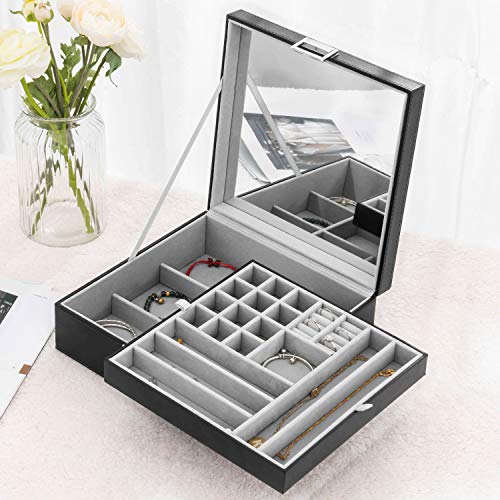 Oyydecor Jewelry Box for Women Girls' Gifts, 2 Layer Jewelry Organizer, PU Leather Display Jewelry Storage Case with Removable Tray and Mirror for Necklace Earrings Rings Bracelets