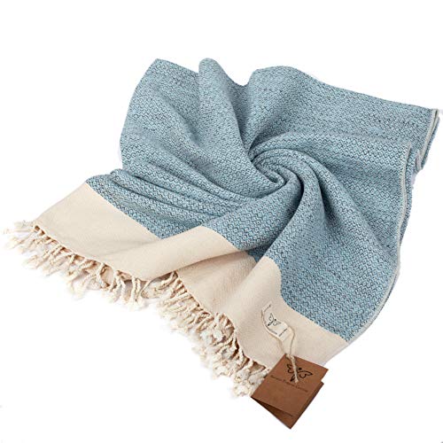 SMYRNA TURKISH COTTON Vintage Series Throw Blanket| 50 x 60 in 100% Cotton|Large Wearable Cozy Blanket Made in Turkey|Machine Washable|Premium Luxury Bath Towel & Picnic Rug - Light Blue