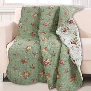 cozy line home fashions vintage floral rose green chintz sage green pink yellow scalloped quilted cotton reversable throw blanket (60″x 50″ inch)
