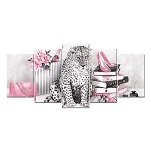 kaloremore black white pink fashion leopard canvas wall art prints glam high heel shoes books poster giclee prints picture for woman bedroom girl gift makeup room decoration