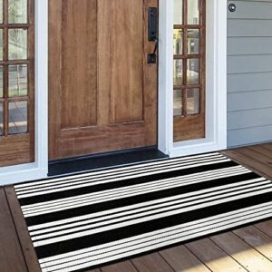 ojia cotton black and white striped rug 24” x 51” hand-woven indoor/outdoor area rug layered door mats for front porch/entryway/laundry room/bedroom/outdoor